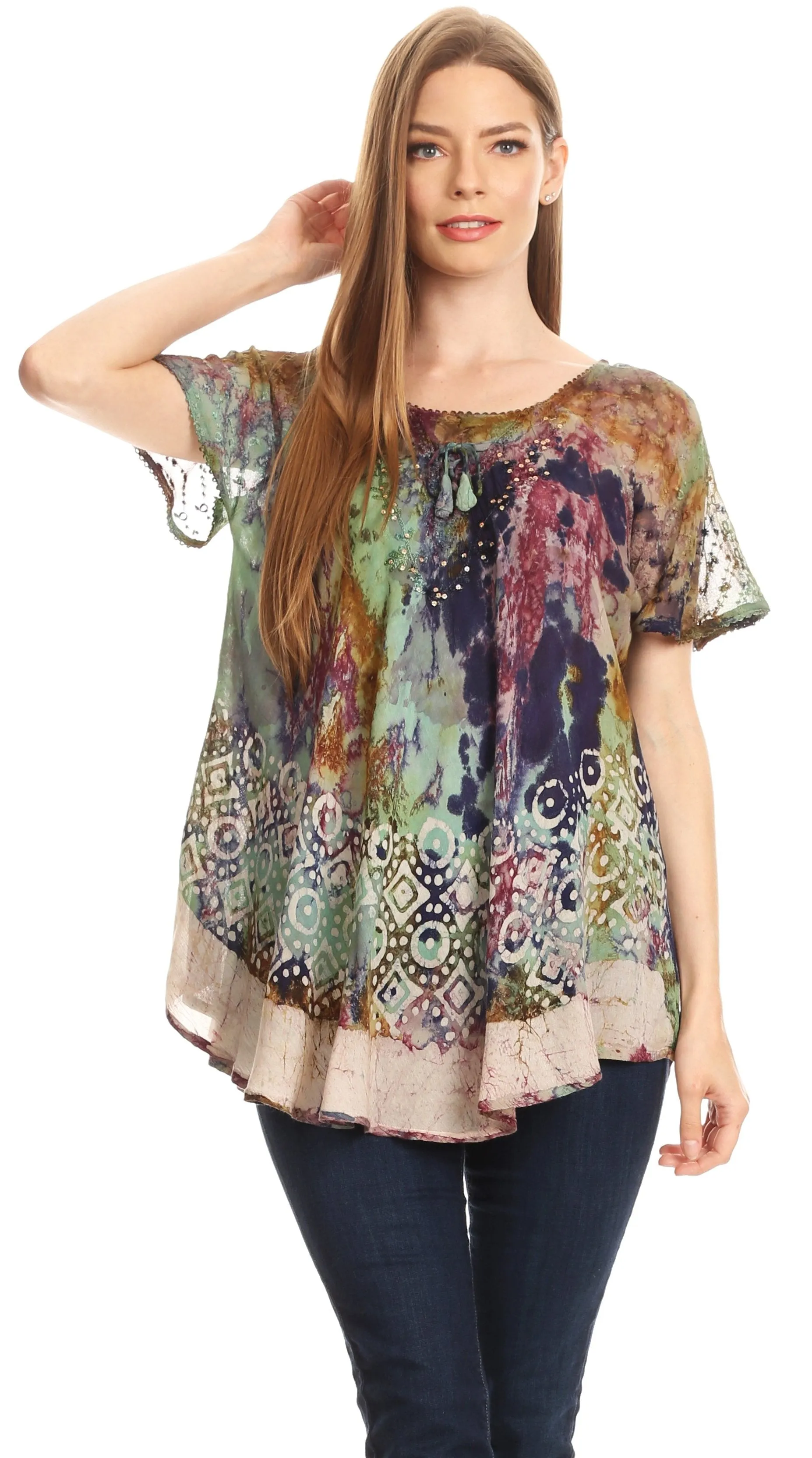 Sakkas Sara Womens Flowy Peasant Short Sleeve Top Blouse Tie-dye Batik Embroidery