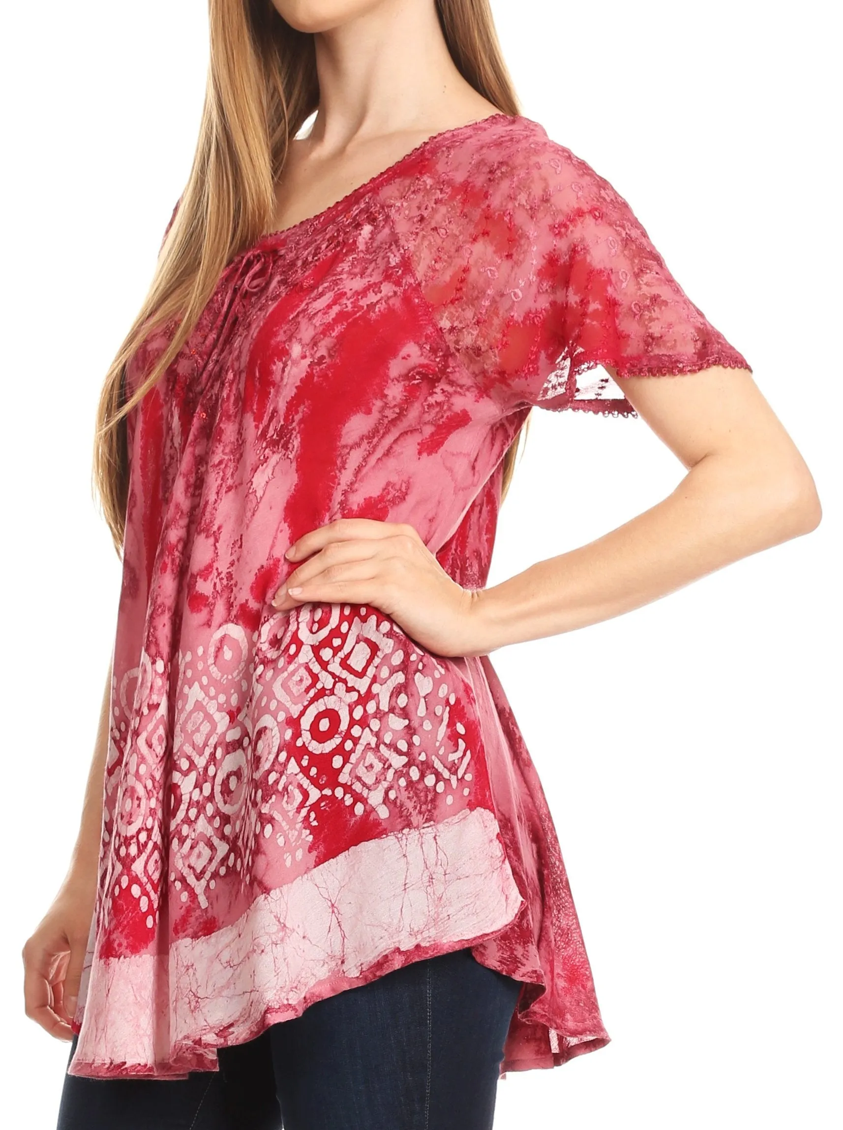 Sakkas Sara Womens Flowy Peasant Short Sleeve Top Blouse Tie-dye Batik Embroidery