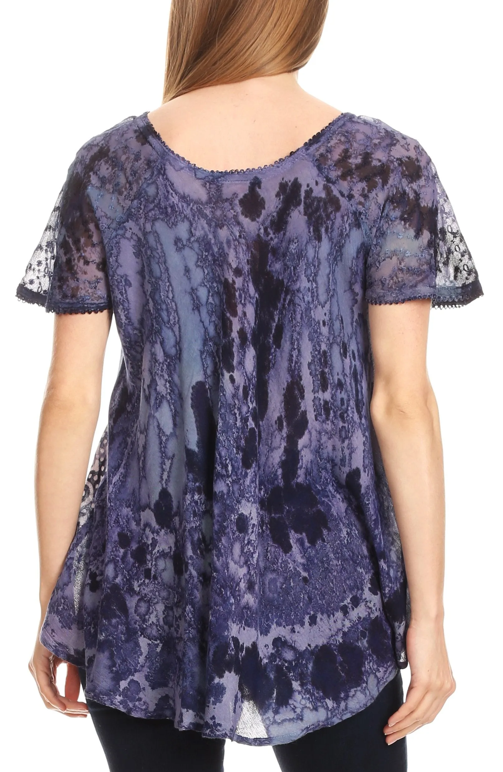 Sakkas Sara Womens Flowy Peasant Short Sleeve Top Blouse Tie-dye Batik Embroidery