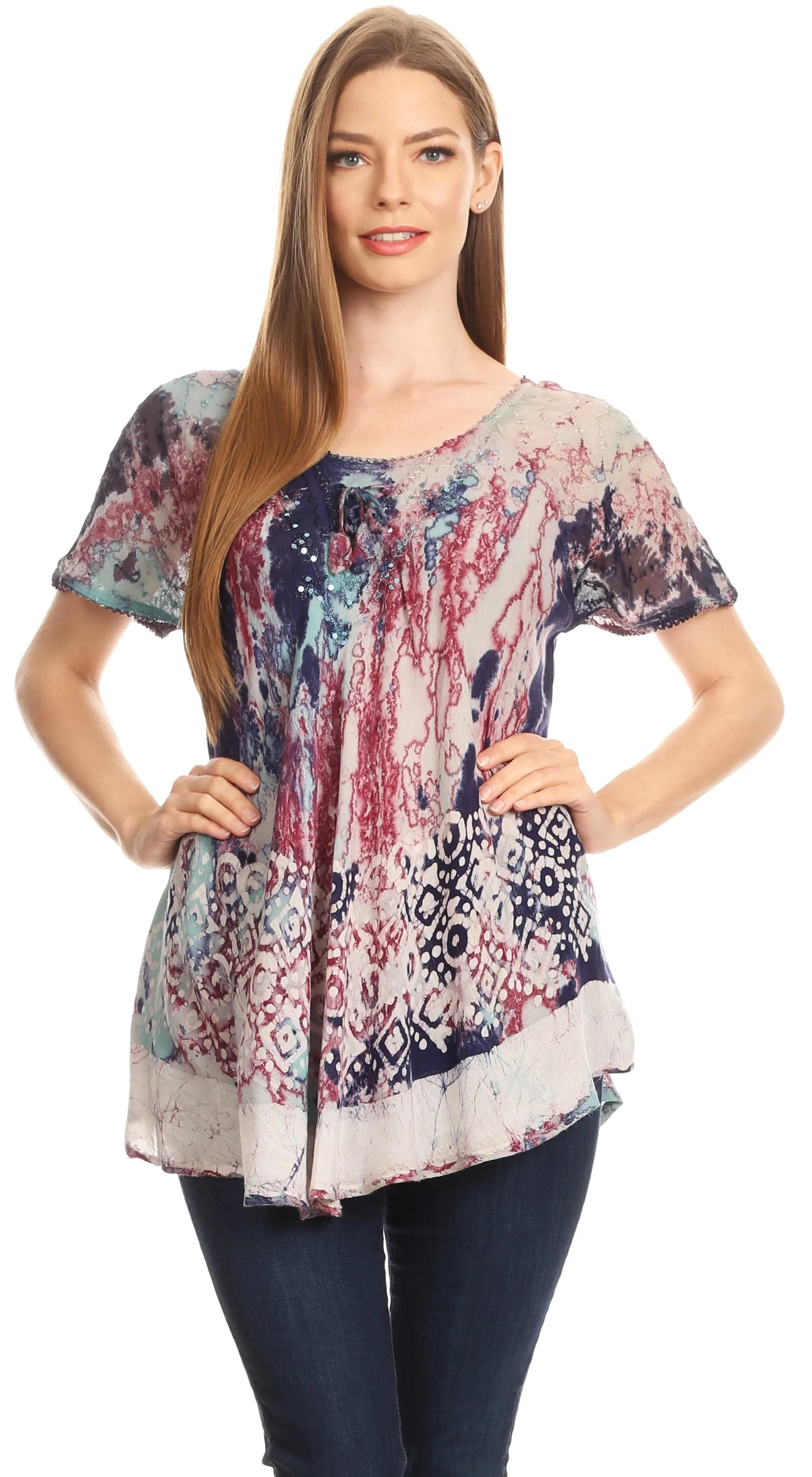 Sakkas Sara Womens Flowy Peasant Short Sleeve Top Blouse Tie-dye Batik Embroidery