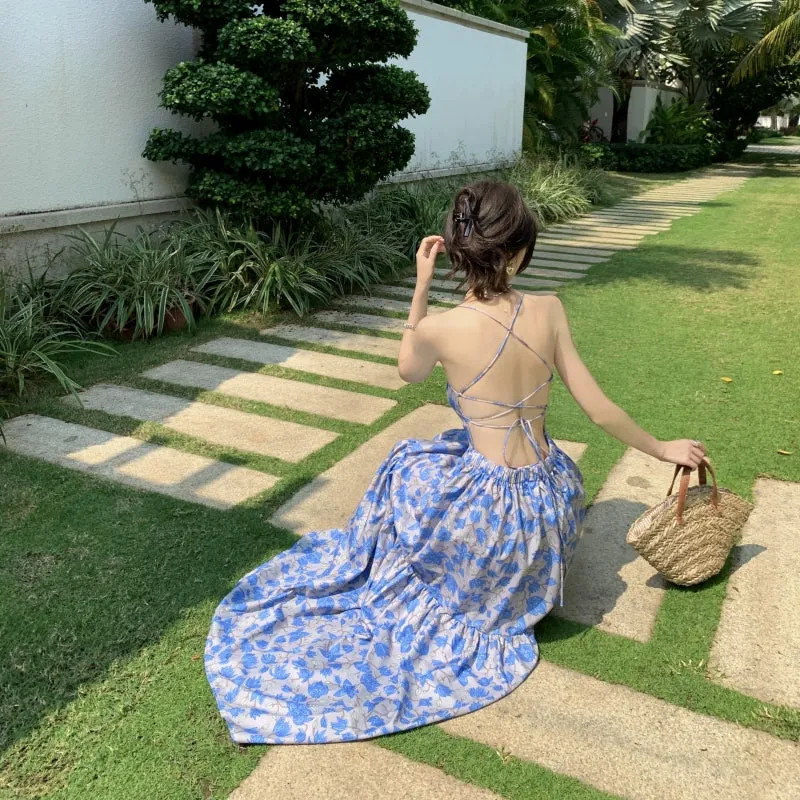 Seaside Holiday Backless Beach Skirt Summer Female Sanya Yunnan Travel Photo Slim Looking Bohemia Sling Dress