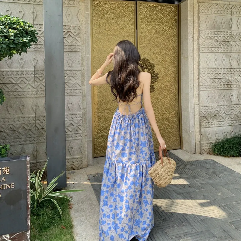 Seaside Holiday Backless Beach Skirt Summer Female Sanya Yunnan Travel Photo Slim Looking Bohemia Sling Dress