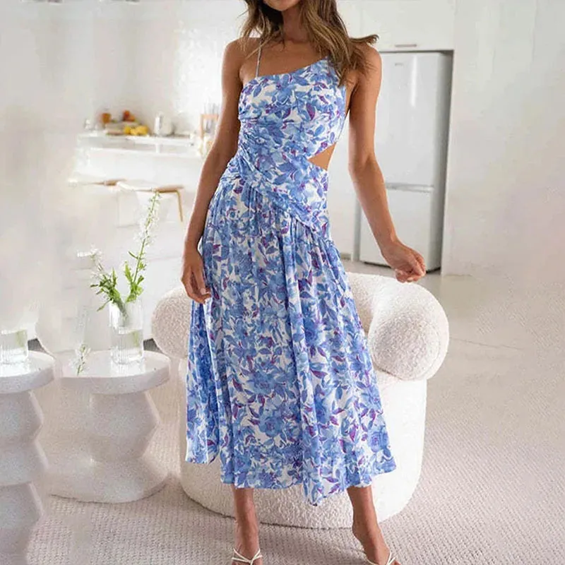 Slit Swing Long Tropical Pattern Asymmetric Commute Backless A-line Floral Elegant Dress