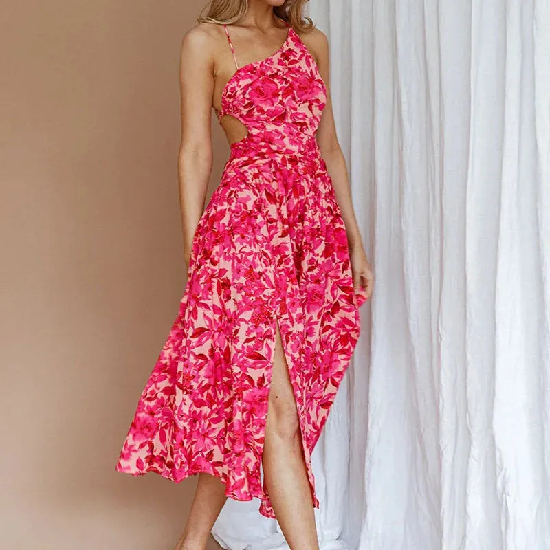 Slit Swing Long Tropical Pattern Asymmetric Commute Backless A-line Floral Elegant Dress