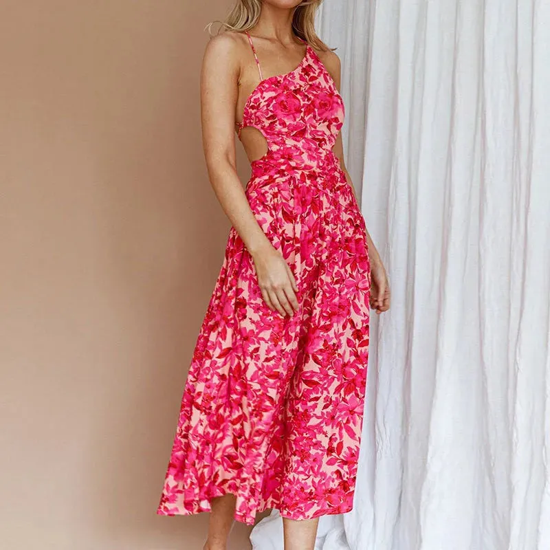 Slit Swing Long Tropical Pattern Asymmetric Commute Backless A-line Floral Elegant Dress