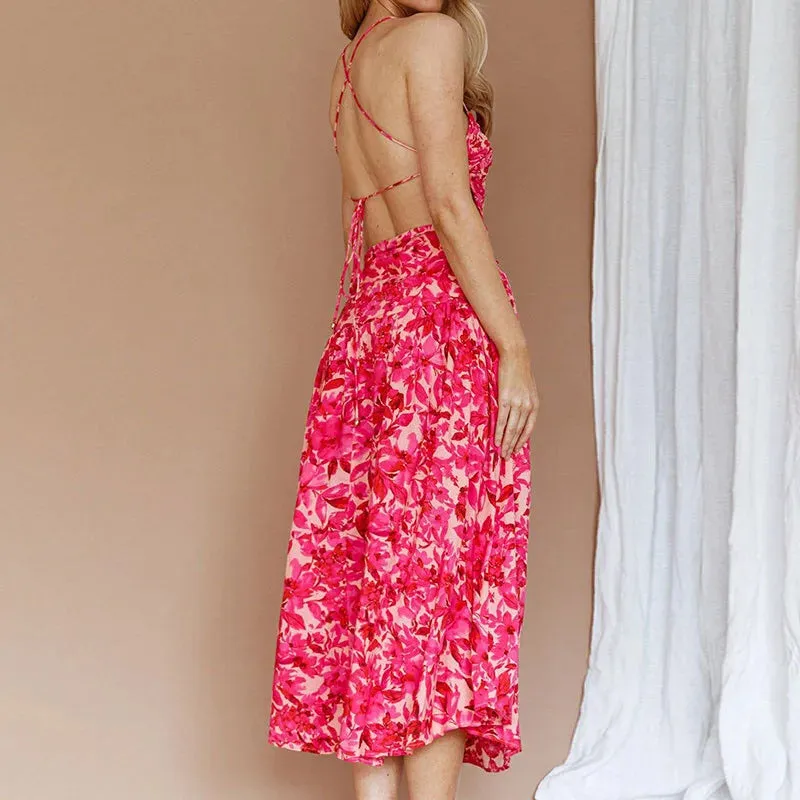 Slit Swing Long Tropical Pattern Asymmetric Commute Backless A-line Floral Elegant Dress