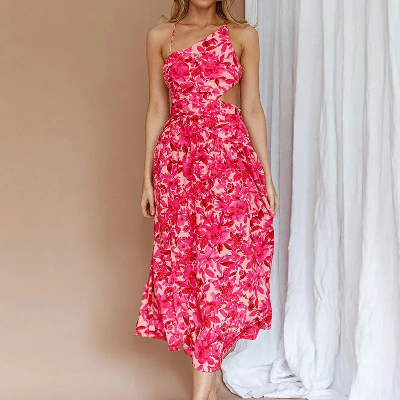 Slit Swing Long Tropical Pattern Asymmetric Commute Backless A-line Floral Elegant Dress