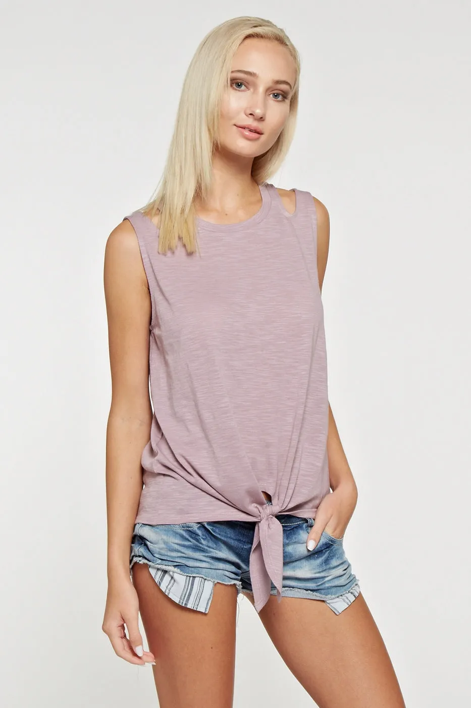 Slub knit fabric top with shoulder cutouts and front self-tie knot