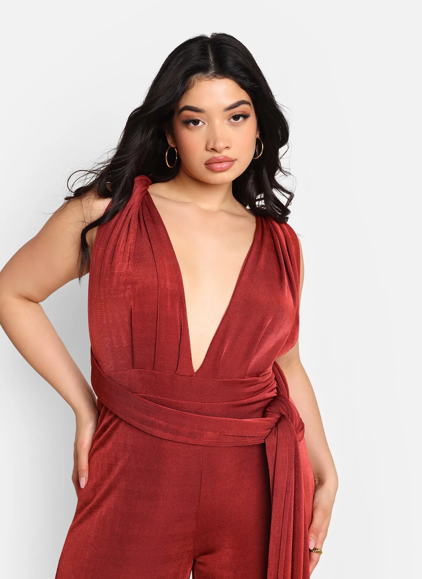 Sol Slinky Tie Back Wide Leg Jumpsuit - Brick