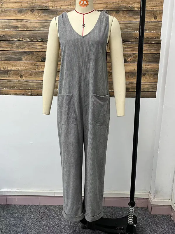 Solid Color V-neck Sleeveless Casual Loose Straight Wide-Leg Jumpsuit