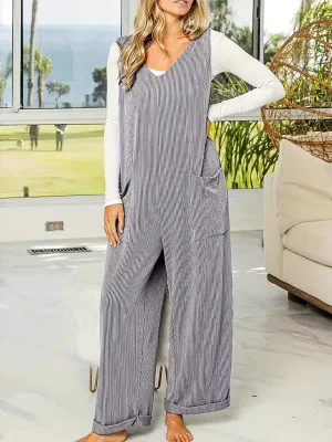 Solid Color V-neck Sleeveless Casual Loose Straight Wide-Leg Jumpsuit