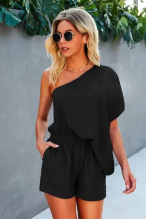 Solid One Shoulder Romper