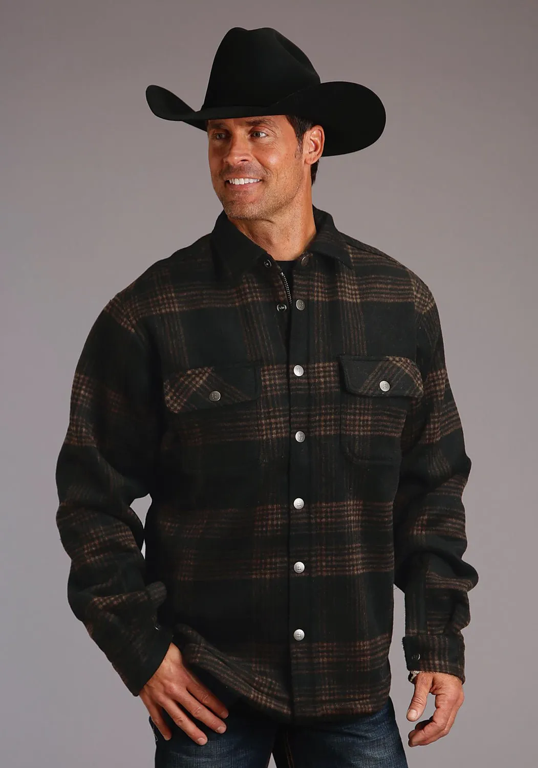 Stetson Mens Western Plaid Brown/Black Wool Blend Wool Jacket