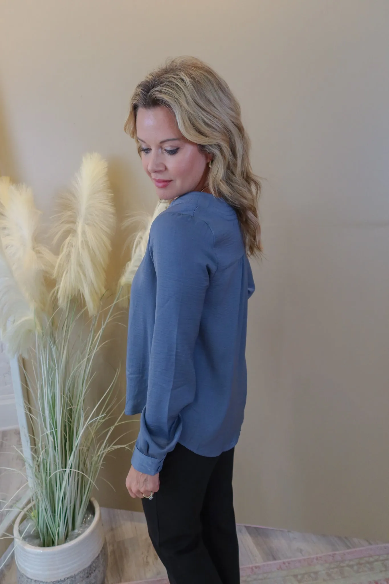 Think It Through Denim Blue Satin Blouse