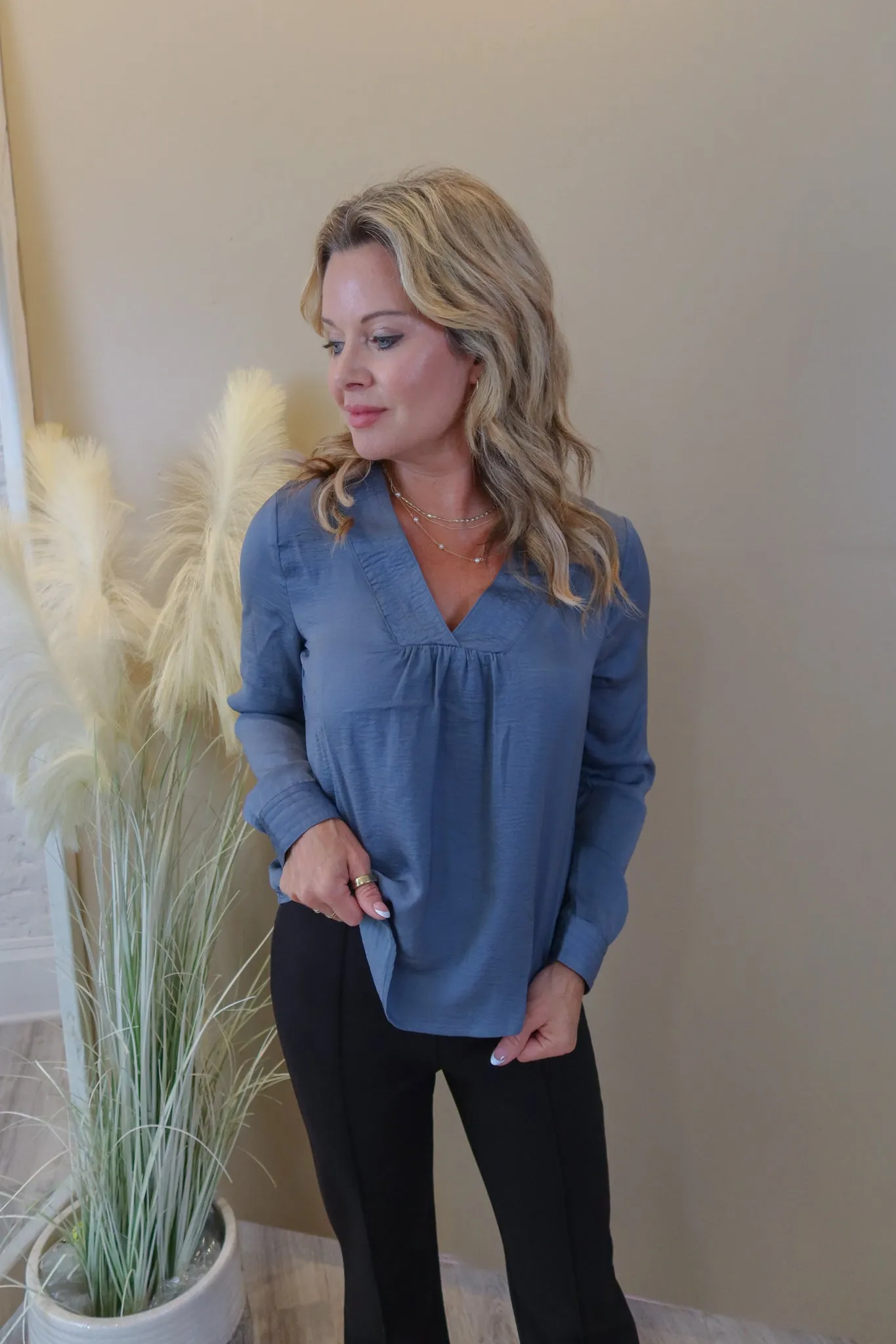 Think It Through Denim Blue Satin Blouse