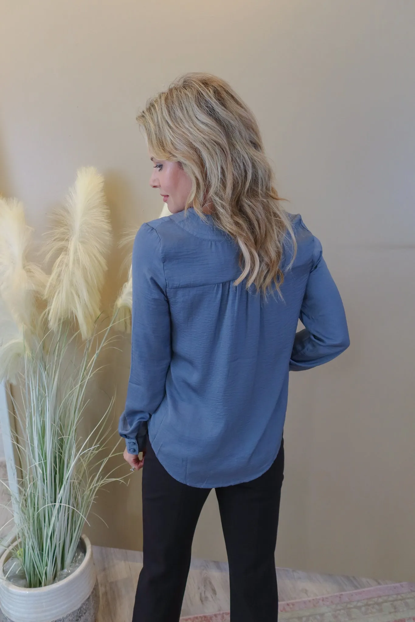 Think It Through Denim Blue Satin Blouse