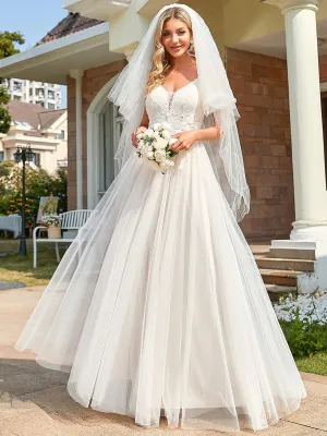 Tulle Floral Spaghetti Strap Illusion V-Neck A-Line Wedding Dress