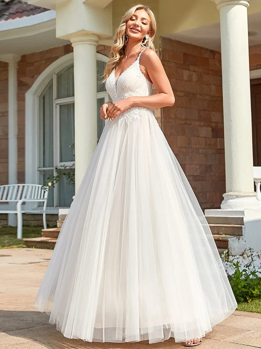 Tulle Floral Spaghetti Strap Illusion V-Neck A-Line Wedding Dress