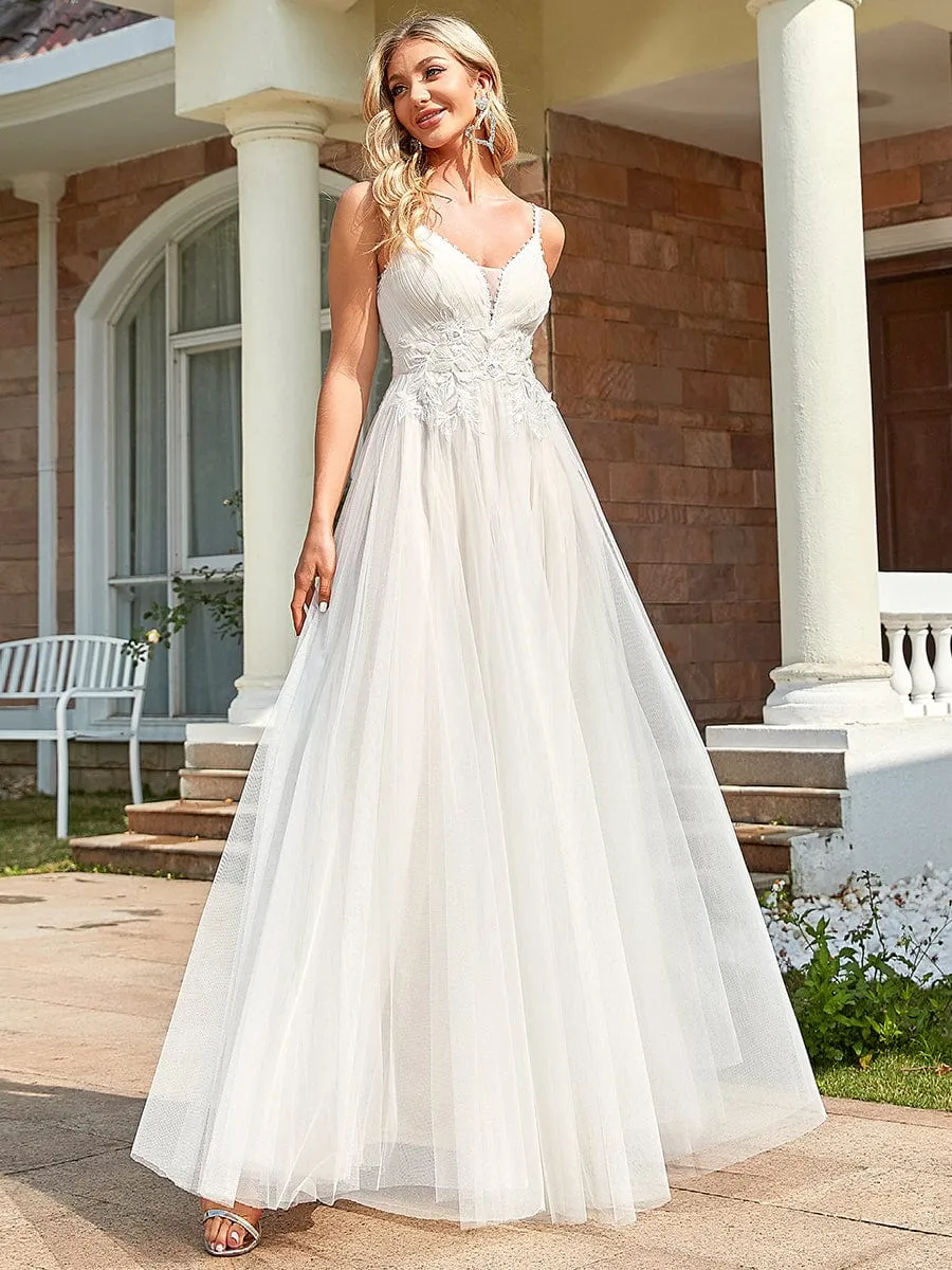 Tulle Floral Spaghetti Strap Illusion V-Neck A-Line Wedding Dress