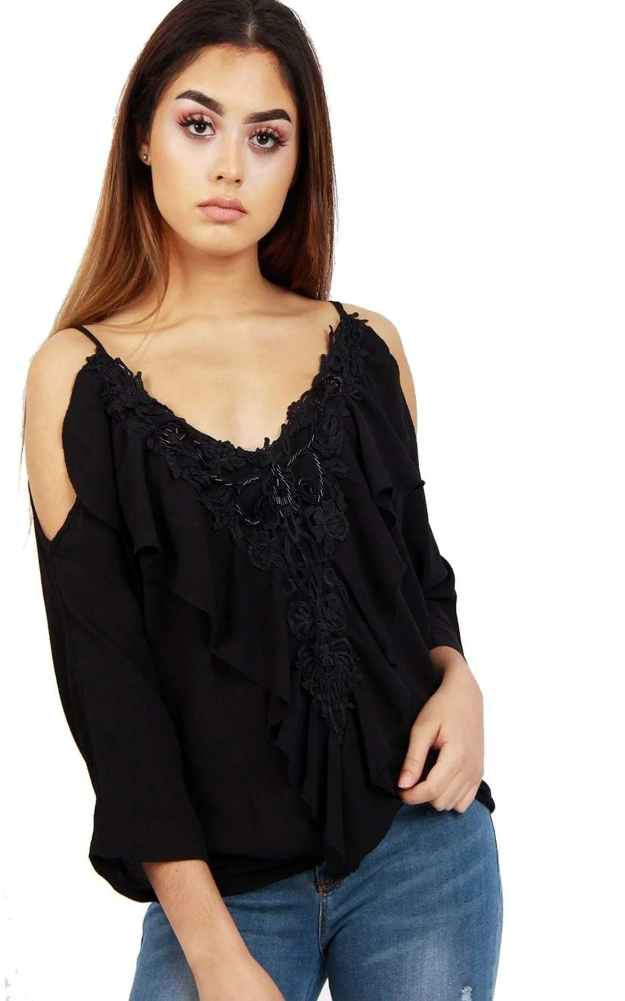 V Neck Embellished Ruffles Front Cami Top With Cold Shoulder Detail