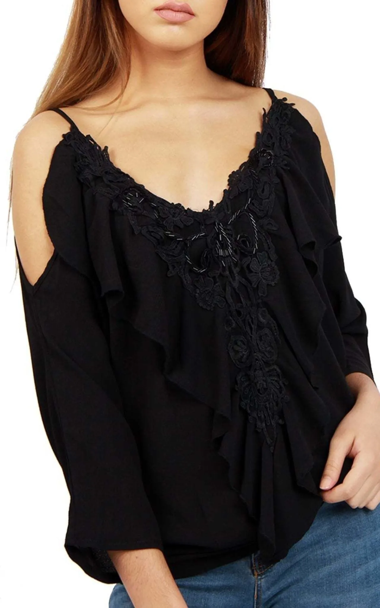 V Neck Embellished Ruffles Front Cami Top With Cold Shoulder Detail