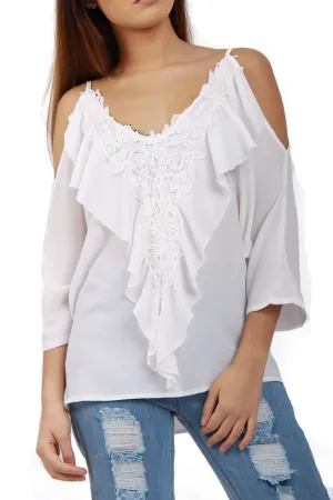 V Neck Embellished Ruffles Front Cami Top With Cold Shoulder Detail