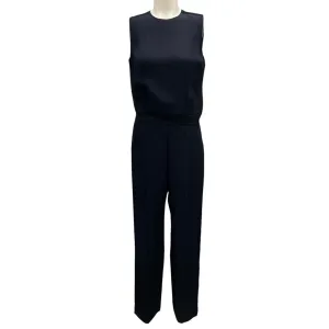 Victoria Beckham Navy Blue / Black Satin Trimmed Sleeveless Crepe Jumpsuit