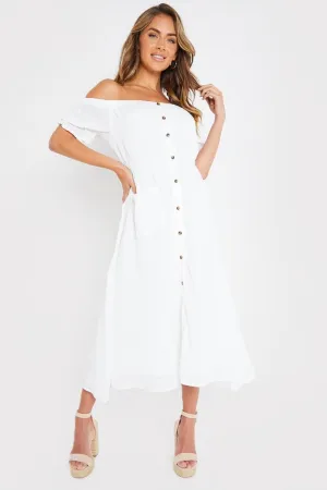 White Bardot Pocket Detail Midi Dress