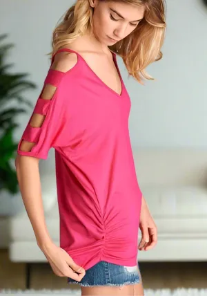 Womens Cold Shoulder Shirt Solid Pink Sizes S/M/L