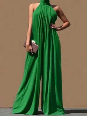 Women's Green Sleeveless Halter Jumpsuit With Pockets