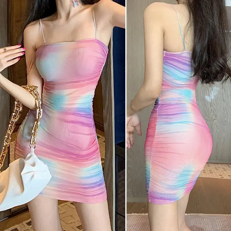 Women\'s Rainbow Lace Gauze Tight Sexy Suspender Dresses Backless Sling Dress