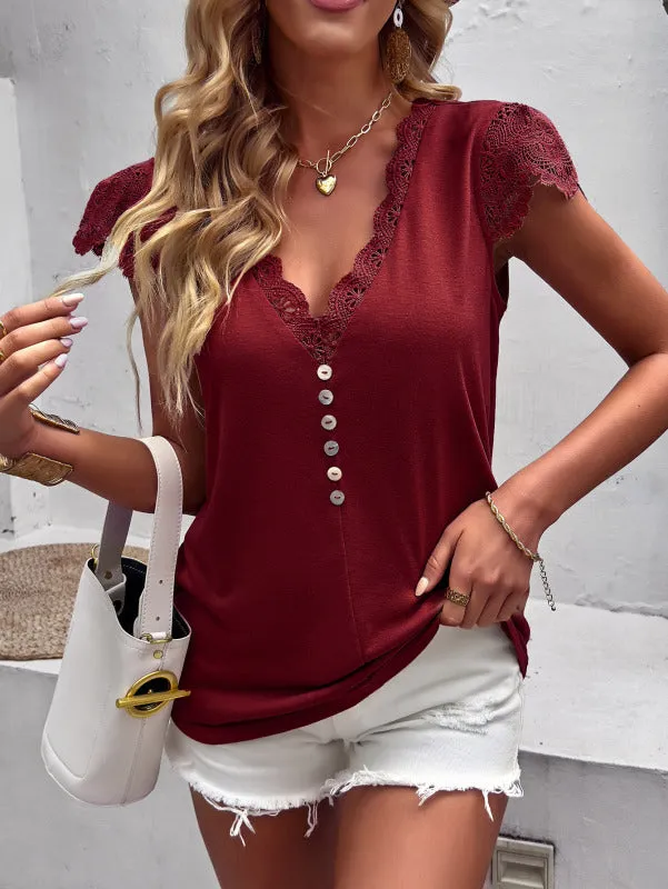 Women's V-Neck Ruffle Cap Sleeve Top